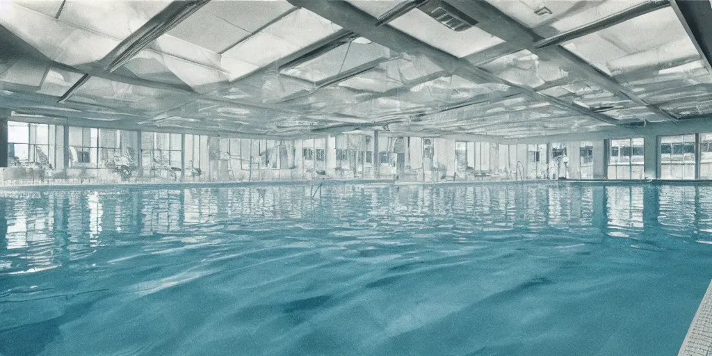 Prompt: 1980s magazine photo of an indoor swimming pool inside an office, flooded in clear blue water, with an A-Frame ceiling and dappled sunlight