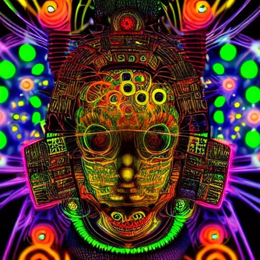 Prompt: hyperdetailed portrait of a psychedelic steampunk robot head, covered in colorful glowing holy geometry lotus flowers and tubes, eyes shoot multicolored laserbeams, 8 k, symetrical, halluzinogenic, meditative, black background