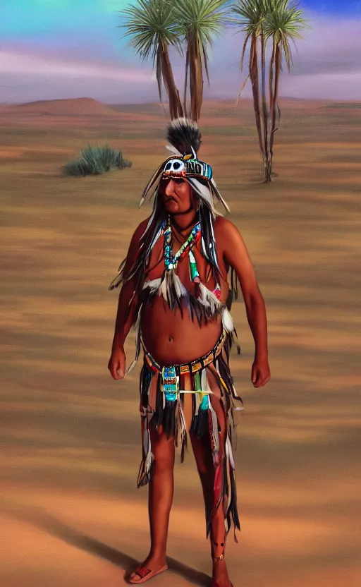 Image similar to full shot picture of indigenous leader standing in the desert, painted by lucian frued, hd, realistic lighting