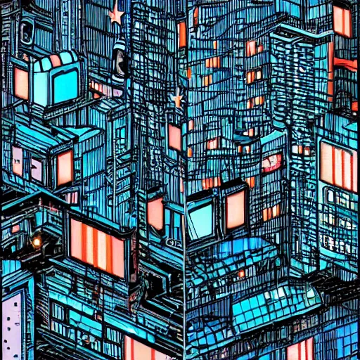 Prompt: a cyberpunks city drawn in the style of Hirohiko Araki, coloured, raining. Wires hanging from buildings. Dark tone, moonlight, stars