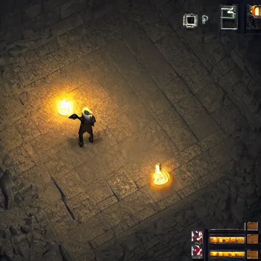 Prompt: a man holds a torch and explores a Dungeon, luminous,Screenshot from a videogame