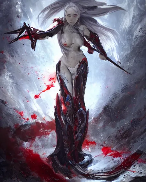 Prompt: lee jin - eun with white long hair in high - end damaged battle suit emerging from pool of blood in god of war 4 game set in ancient italy by peter andrew jones and conrad roset, rule of thirds, seductive look, beautiful
