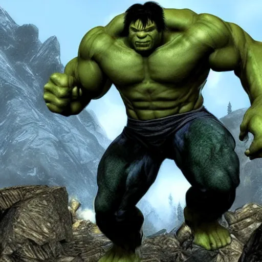 Prompt: the incredible hulk in skyrim