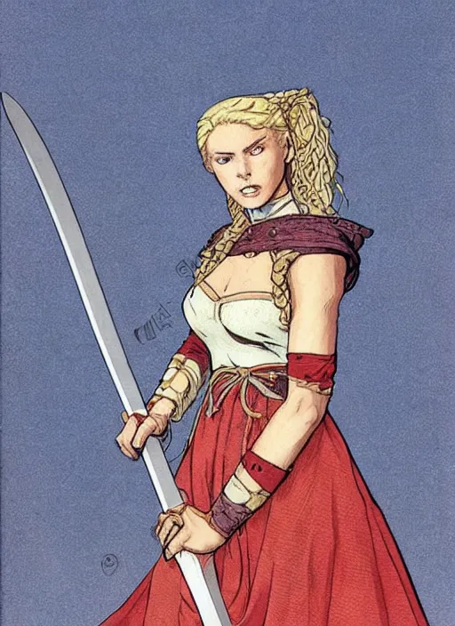 Prompt: young woman in medieval clothing, blue eyes and blond hair, a ribbon in her hair, armed with a sword. art by moebius,