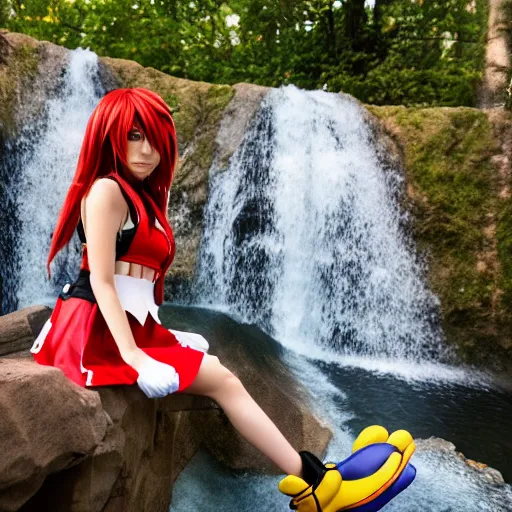 Prompt: kingdom hearts sora cosplay near waterfall low angle 85mm