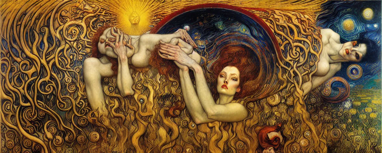 Image similar to Divine Chaos Engine by Karol Bak, Jean Delville, William Blake, Gustav Klimt, and Vincent Van Gogh, symbolist, visionary