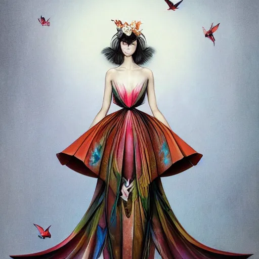 Prompt: full length view of a beautiful girl wearing an origami dress, hummingbirds, elegant, by esao andrews, by eiko ishioka, givenchy, by peter mohrbacher, centered, enchanting, floral ornamentic on cloth and hair, detailed beautiful face, high depth of field, origami, detailed fashion illustration, vogue, japanese, reallusion character creator