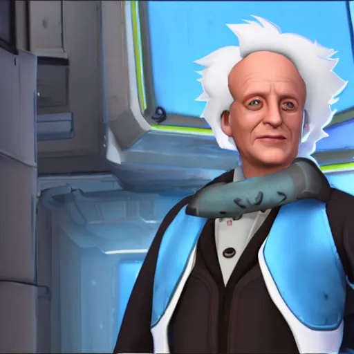 Prompt: screenshot of doctor emmett brown as an overwatch hero