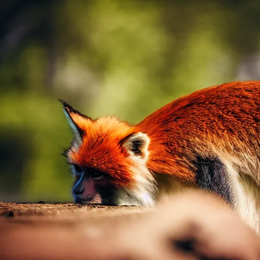 Prompt: monkey and fox hybrid, photography, bokeh, 4k