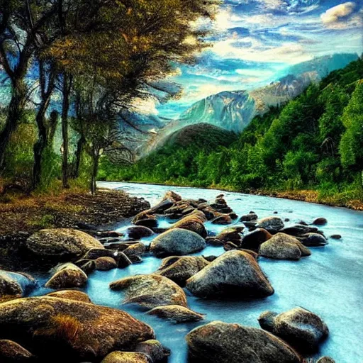 Prompt: a beautiful landscape, river, rocks, trees, by greg rutkowsi, glitch!!!!