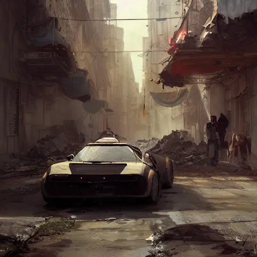 Prompt: a beautiful picture of a woman next to a Lancia Stratos in a post apocalyptic street by Greg Rutkowski and Ruan Jia trending on Artstation