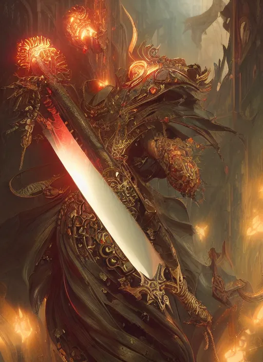 Image similar to legendary sword of technology, ornate gothic baroque spikes, glowing seams, detailed realistic, ray tracing, colored gems, art by wlop and greg rutkowski and artgerm