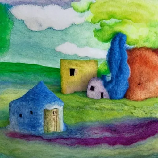 Image similar to small wooden house in the middle of spring forest, bright colours, watercolor, volumetric wool felting, macro photography, children illustration, by giorgio de chirico