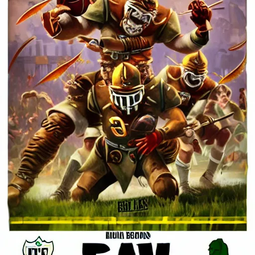 Image similar to blood bowl game poster, elves playing versus humans, intense game, nfl style, high quality, in style of tarantino