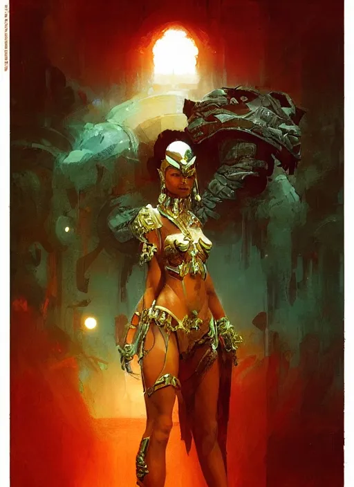 Image similar to amazon queen, intricate, elegant, highly detailed, vivid colors, john park, frazetta, sparth, ruan jia, jeffrey catherine jones