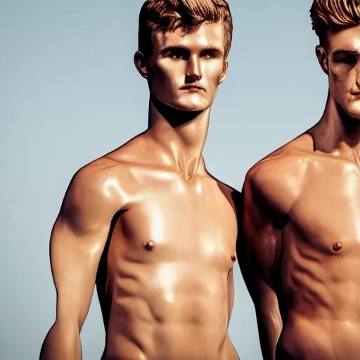 Image similar to a realistic detailed photo of a guy who is an attractive humanoid who is half robot and half humanoid, who is a male android, soccer players martin ødegaard & timo werner, shiny skin, posing like a statue, blank stare, in a living room, on display, showing off his muscles, gold soccer shorts, side view, repairing the other one