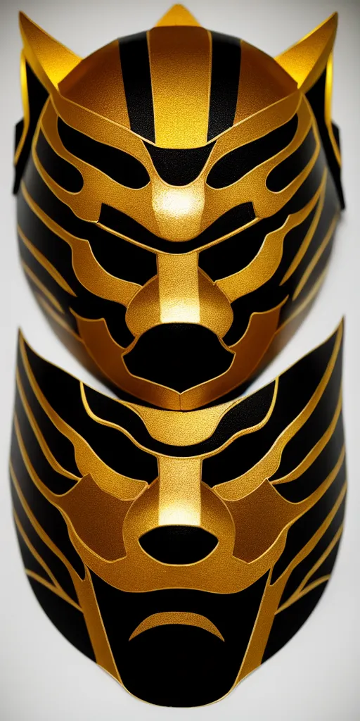 Image similar to prism samurai tiger mask, product photography, deep black background, fantasy, highly detailed, texture, shimmering, wlop, concept art, digital art, symmetrical features, 8k, golden-ratio, canvas, Wangechi Mutu, artstation, rule of thirds