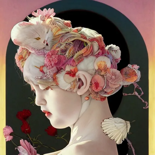 Image similar to white cat girl, botanical, portrait face, colorful, frantisek kupka, intricate, miles johnston, kuroda seiki, cynical realism, ozabu, john william godward, painterly, yoshitaka amano, moebius, miles johnston, louise zhang, james jean, mark ryden lowbrow pop surrealism art style