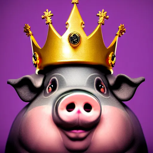 Prompt: cute morbidly obese pig wearing a gold crown, studio lighting, detailed, photography, 82 mm sigma art, dynamic lighting, digital painting, sharp focus, fantasy art