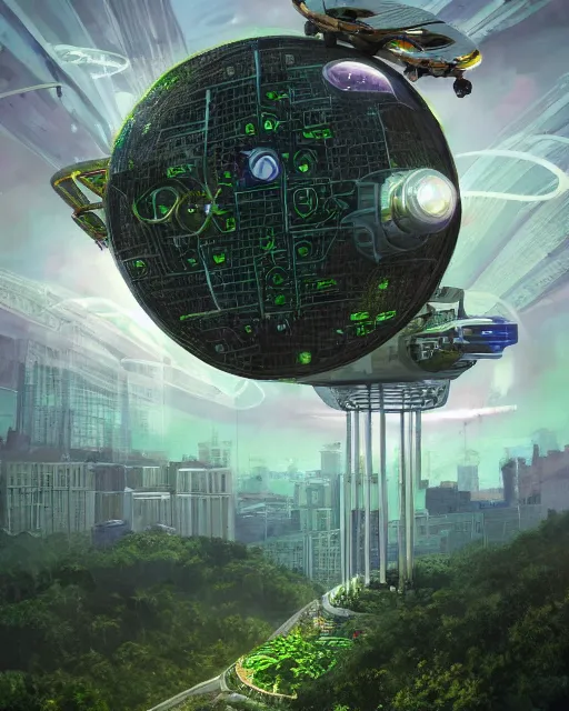 Image similar to solarpunk vehicle above a city, scifi, futuristic, bright light, highly detailed, concept art, green plants, research complex, school, drones, solar panels, flowers, utopia, sharp focus, trending on artstation, intricate, atmosphere, raining, art by roman makarenko, dzung phung dinh