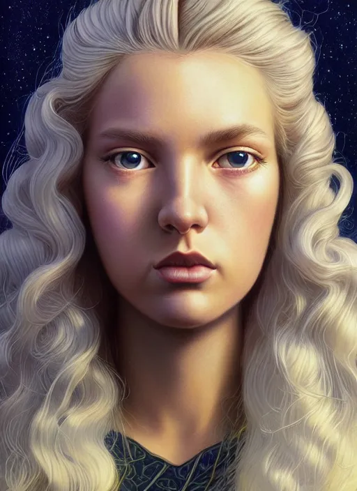 Image similar to highly detailed closeup portrait young plejaden woman with wavy blonde hair in a retro spaceship with large windows, stephen bliss, unreal engine, greg rutkowski, ilya kuvshinov, ross draws, hyung tae and frank frazetta, tom bagshaw, tom whalen, nicoletta ceccoli, mark ryden, earl norem, global illumination, god rays, detailed and intricate environment