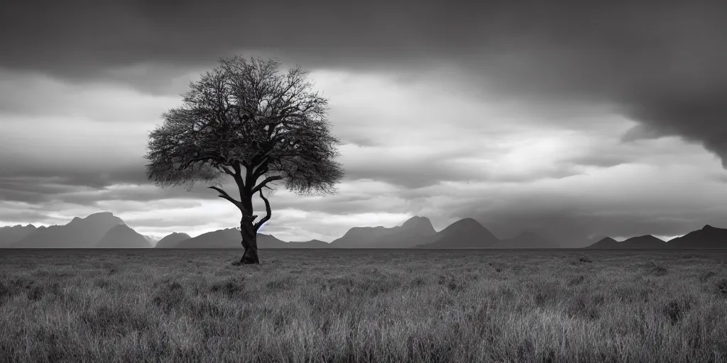 Prompt: award winning landscape photography by gary pritchard, lone tree on island in lake in foreground with bright jagged mountains in background, beautiful light, moody, long exposure, infrared photography, dramatic lighting, clouds, rule of thirds, golden ratio