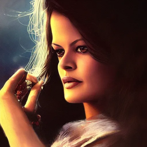 Image similar to closeup portrait of a young and beautiful claudia cardinale, dramatic light, gorgeous view, depth, high detail, digital art, painted by greg rutkowski and seb mckinnon, by tim burton, trending on artstation