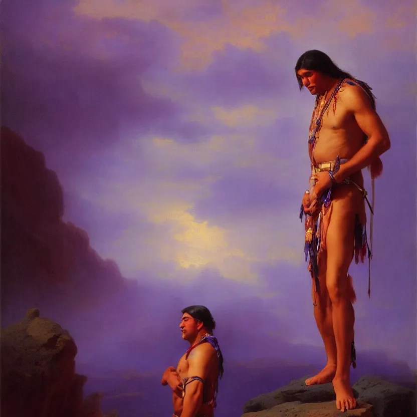 Image similar to handsome american indian in a loincloth, posing against a royal purple backdrop by ivan aivazovsky, oil painting, beautiful soft lighting, saturated colours, artstation