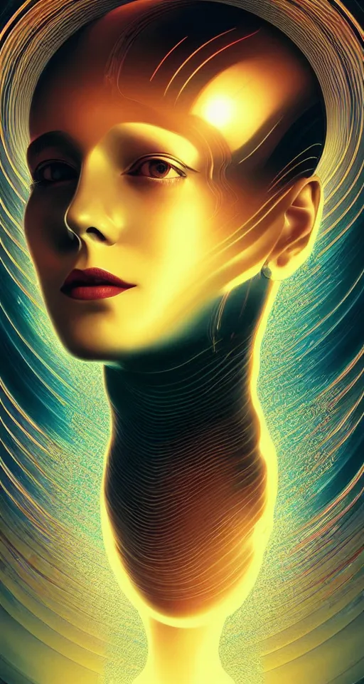 Image similar to art deco close up portait of head surrounded by spheres, like a dream digital painting curvalinear clothing cinematic dramatic fluid lines otherworldly vaporwave interesting details epic composition by artgerm