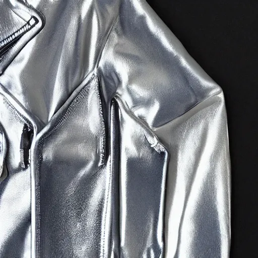 Image similar to a silver dirty jacket, retrofuturism