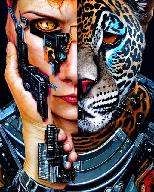 Image similar to a portrait of an anthropomorphic cyberpunk jaguar by sandra chevrier, by jon foster, detailed render, pistol in holster, tape deck, epic composition, cybernetics, 4 k realistic, cryengine, realistic shaded lighting, sharp focus, masterpiece, by enki bilal