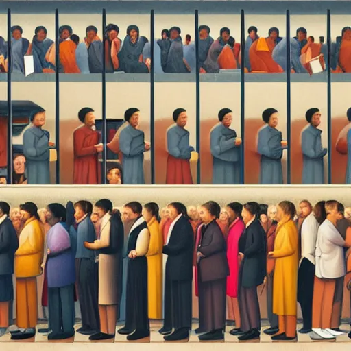 Image similar to people standing in line at the post office, by george tooker