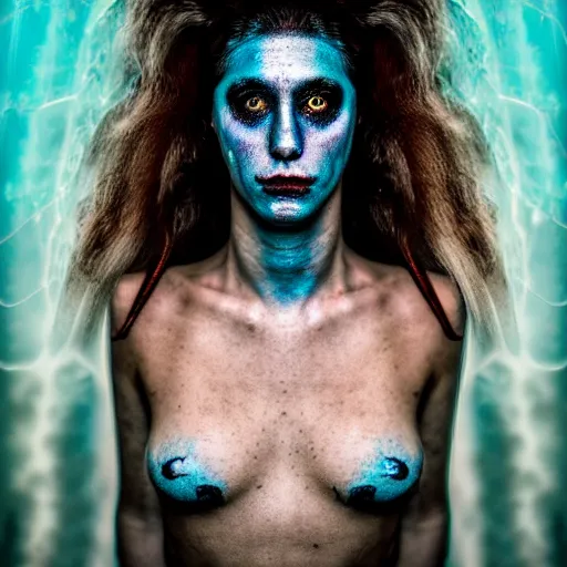 Image similar to Kevin Mitnick as a mermaid, grungy, unkept hair, glowing eyes, modelsociety, radiant skin, huge anime eyes, RTX on, perfect face, vogue, directed gaze, intricate, Sony a7R IV, symmetric balance, polarizing filter, Photolab, Lightroom, 4K, Dolby Vision, Photography Award