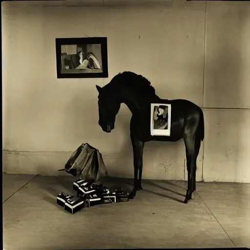 Prompt: A Diane Arbus photograph of a horse with a man's head in clown makeup, piles of empty liquor bottles