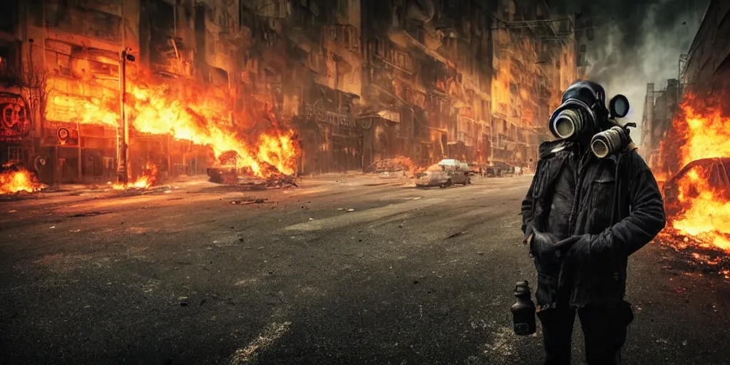 Prompt: post - apocalyptic city streets, close - up shot of an anarchist with a gasmask, burning cars, explosions, acid color smoke, hyperrealistic, gritty, damaged, dark, urban photography, photorealistic, high details