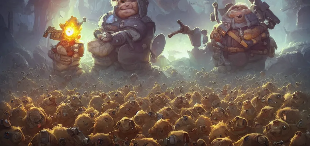 Image similar to cute little anthropomorphic Guinea Pig army marching with Nuclear!! explosion in the backgroung, ultra wide lens shot , tiny, small, short, cute and adorable, pretty, beautiful, DnD character art portrait, matte fantasy painting, DeviantArt Artstation, by Jason Felix by Steve Argyle by Tyler Jacobson by Peter Mohrbacher, cinematic lighting