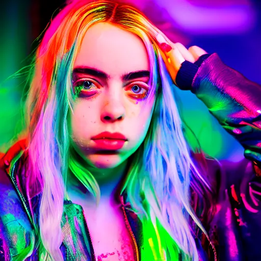 Image similar to beautiful billie eilish in the street, explosion of neon lights, close up, 5 0 mm lens, model photography detailed realistic