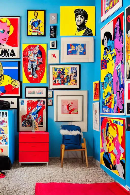 Image similar to boy room with full of pop art poster, and scattered clothes mural, photorealistic, smooth, 4 k, aesthetic lighting, baroque object, sharp focus, hyperdetailed, professional photography, pullitzer winning, photo by : canon eos 5 d mark iv, by karah mew and adnan abidi and jodie bateman