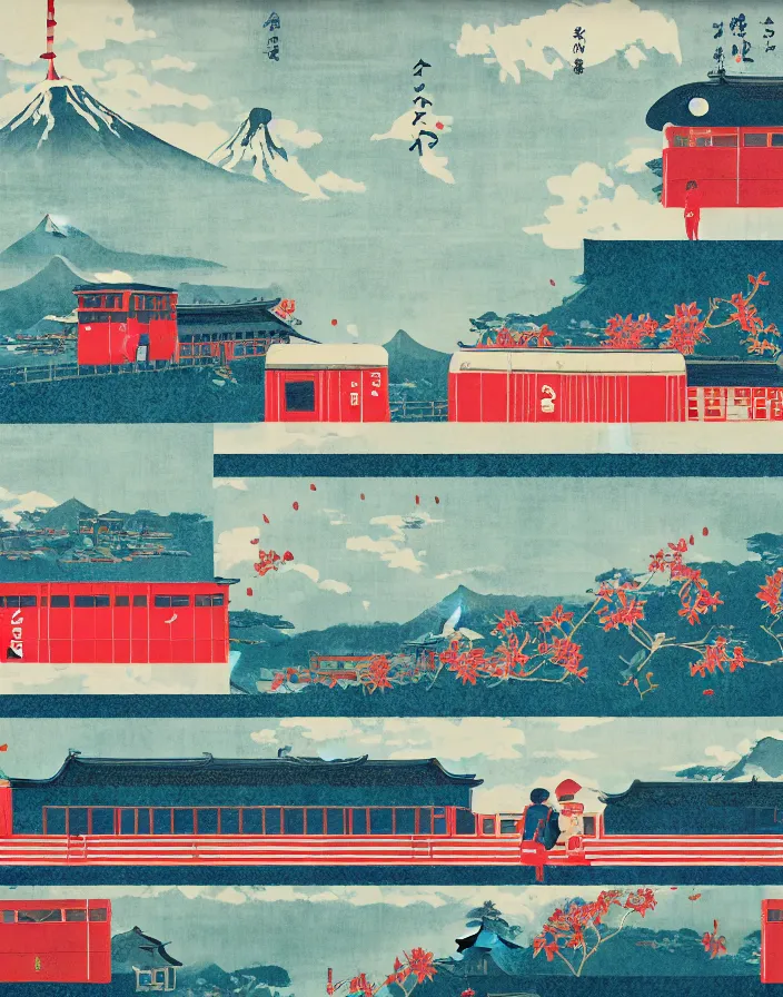 Image similar to seaside tail train rural japan, a collage painting, in the style of wes anderson, lola dupre, david hockney, isolated on negative white space background dark monochrome fluorescent spraypaint accents volumetric octane render, not double decker