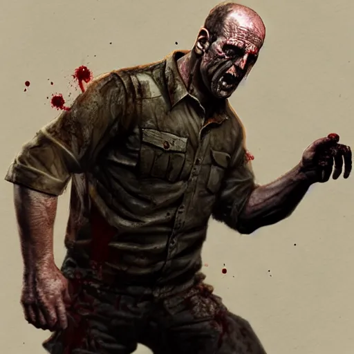 Prompt: bruce willis as a zombie, 7 days to die zombie, fine art, award winning, intricate, elegant, sharp focus, cinematic lighting, highly detailed, digital painting, 8 k concept art, art by guweiz and z. w. gu, masterpiece, trending on artstation, 8 k