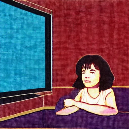 Prompt: a girl watching a lot of television screens static on a room, 8 mm, found footage