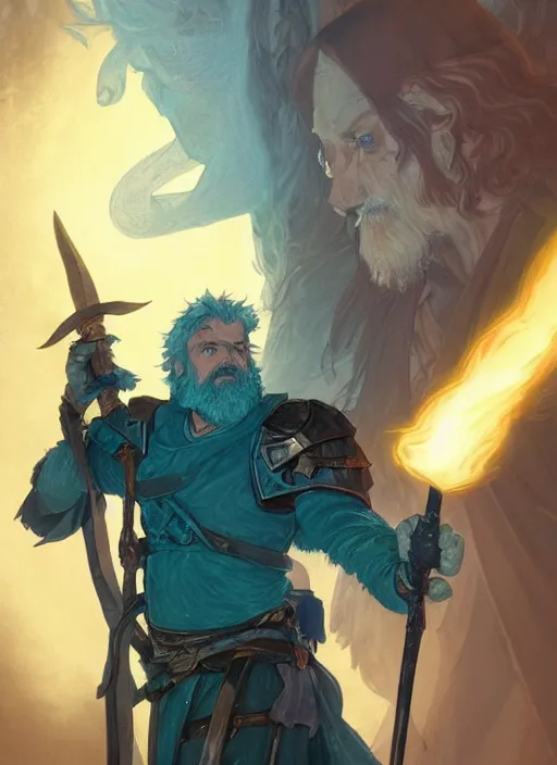 Image similar to Middle-aged paladin with a glowing teal halberd, Glowing white eyes, shaggy hair, sad, scruffy beard, dungeons and dragons portrait, highly detailed, digital painting, artstation, concept art, sharp focus, illustration, art by artgerm and greg rutkowski and alphonse mucha, Unreal Engine, 8k, HD