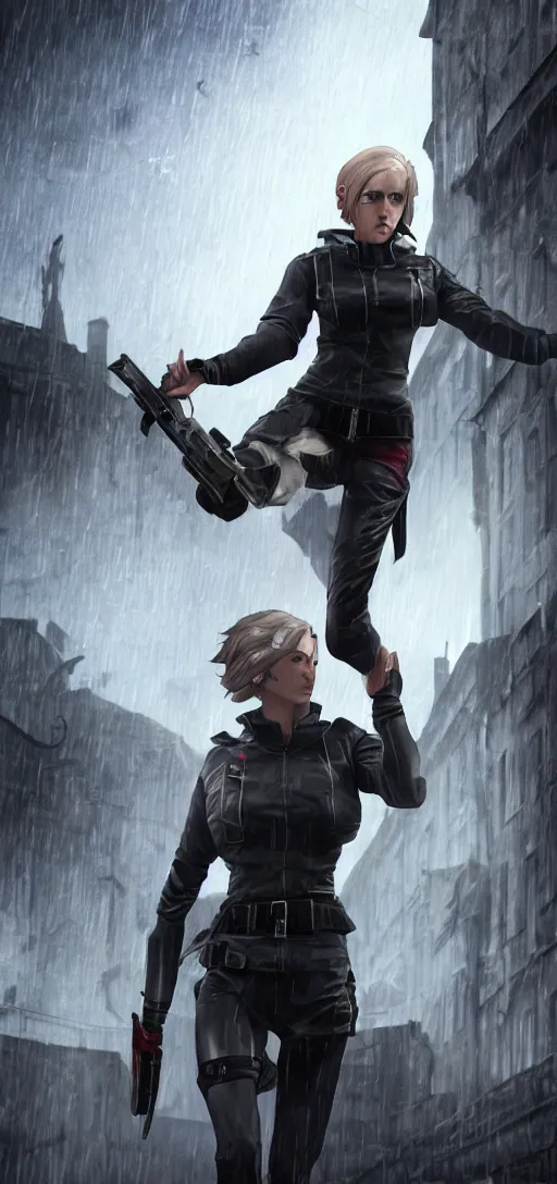 Image similar to annie leonhart in dunwall city wearing recon corps uniform running on a gothic house roof, redshift render, beautiful face, detailed face, cinematic lighting, rainy weather, melancholy atmosphere, dunwall city, volumetric light, octane render, dishonored game, dishonored 1, gothic architecture, realistic reflections, octane render 8 k