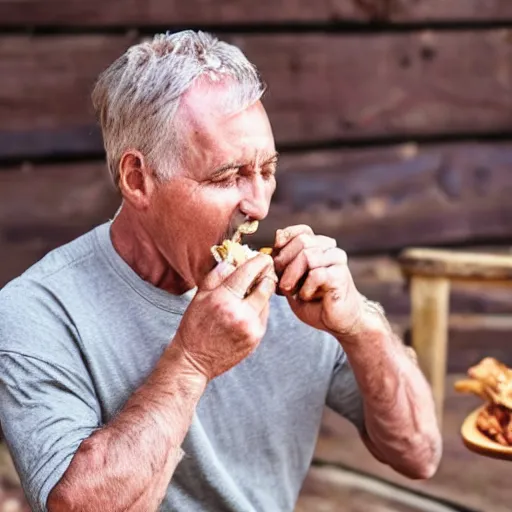 Image similar to a big human fighter eating beef jerky who either looks really good for a 70 year old man or really bad for a 50 year old man