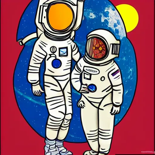 Prompt: A Man in a Spacesuit delivers pizza to a Woman’s home on the Moon, unique, very detailed, retro, sci-fi, pop art