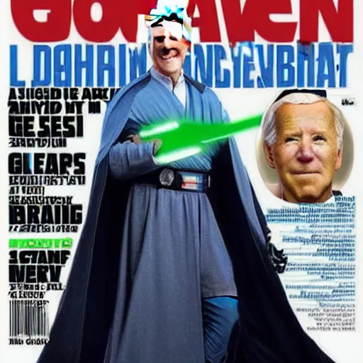 Image similar to joe biden as a jedi with green lightsaber cover of magazine. High quality.