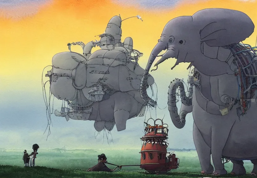 Prompt: a hyperrealist watercolor concept art from a studio ghibli film showing a giant grey lovecraftian mechanized elephant from howl's moving castle ( 2 0 0 4 ). a hindu is under construction in the background, in india on a misty and starry night. by studio ghibli. very dull muted colors