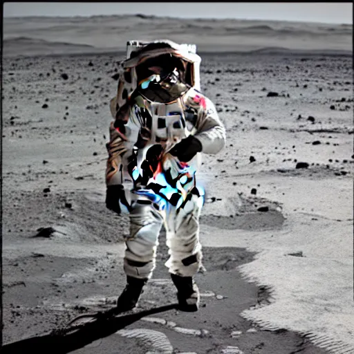 Image similar to elton john in a space suit on mars looking at the destruction of earth