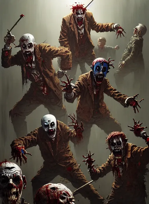 Prompt: masterpiece concept art, evil creepy clowns fighting zombies, by greg rutkowski and geof darrow, 8 k, intricate detail, cinematic lighting