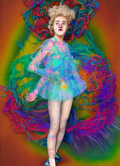 Prompt: surrealism psychedelic full body portrait sketch of julia garner as delirium of the endless in fishnet top and rainbow tutu skirt from the sandman, floating goldfish, green and blue eye heterochromia by alex ross, josh kirby, detailed, elegant, intricate